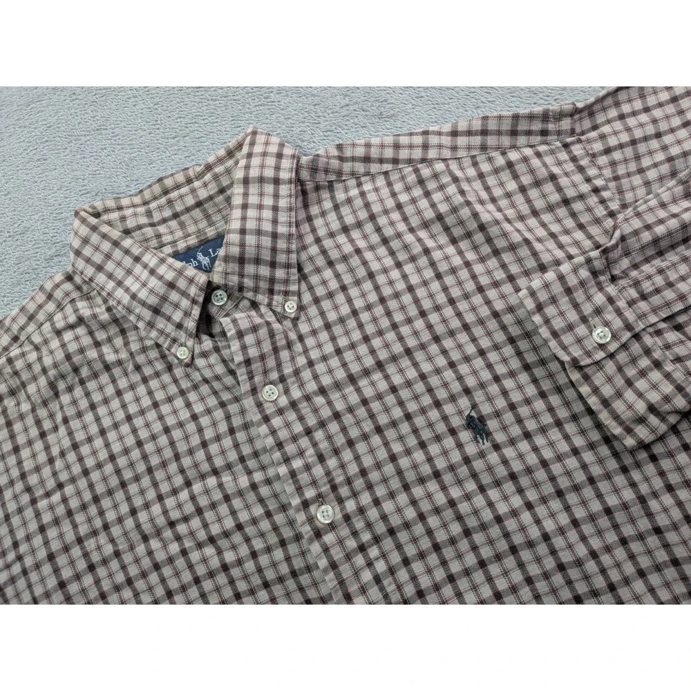 Polo Ralph Lauren Blaire Mens XL Plaid Button Down Shirt Brown Red Cotton Pony
